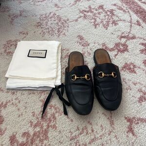 Gucci Black Leather Mules with Gold Hardware